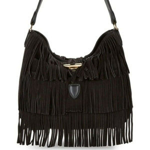 NWT Calvin Klein Fringed Suede Hobo Bag Black